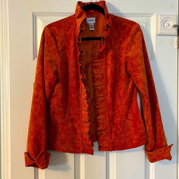 Chico’s Orange Brocade Embossed Bohemian Corduroy Open Ruffle jacket- si… - Picture 3 of 9
